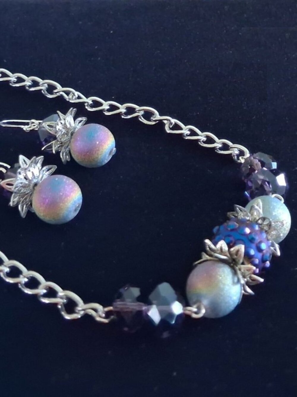 Long Amethyst Crystal & Luster Rainbow Druzy Bib Necklace & Matching Earrings